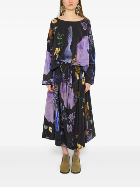  Anntian Floral-print Drawstring Silk Midi Dress - Purple 