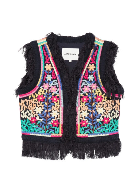  Antik Batik Rainbow Floral-embroidered Fringe Vest - Black 