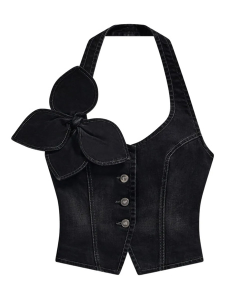  Area Bow Denim Halter Top - Black 