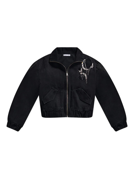  Area Crystal Chain Cut-out Bomber Jacket - Black 