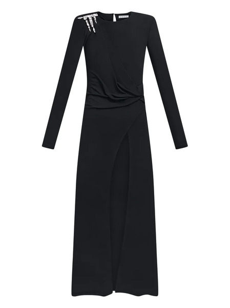  Area Crystal Draped Long-sleeve Gown - Black 