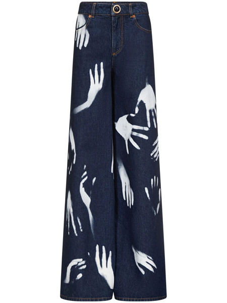  Area Hand-print Wide-leg Jeans - Blue 