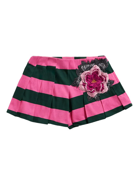  Area Pleated Striped-pattern Flower-embellished Shorts - Pink 