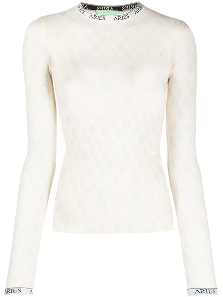  Aries Monogram Long-sleeved Tulle Top - Neutrals 