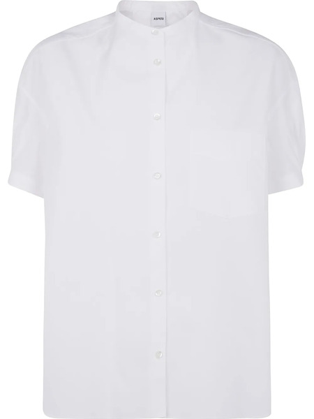  Aspesi Mandarin Collar Gathered Cotton Shirt - White 
