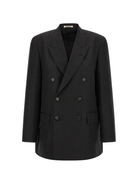  Auralee Pinstriped Double-breasted Long Blazer - Grey 