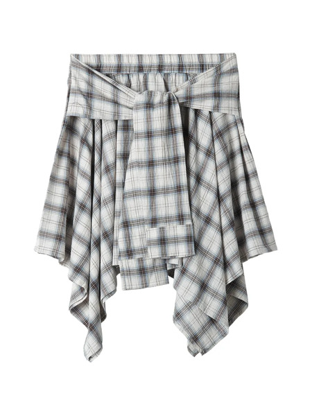  B+ab Plaid-pattern Tie-waist Asymmetric Skirt - White 