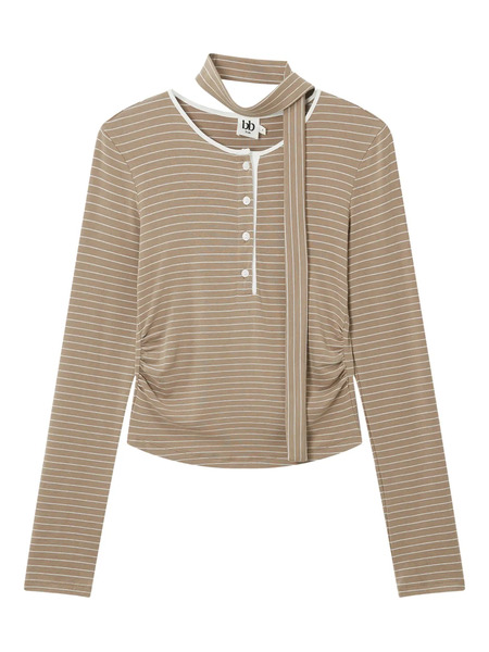  B+ab Striped Tie-neck Top - Brown 