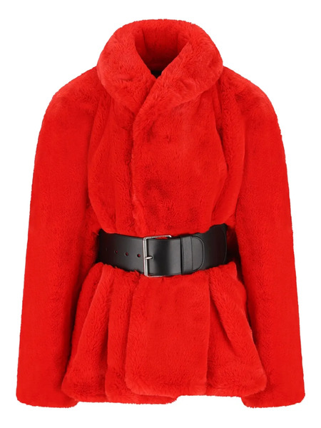  Balenciaga Belted Faux Fur Jacket - Red 