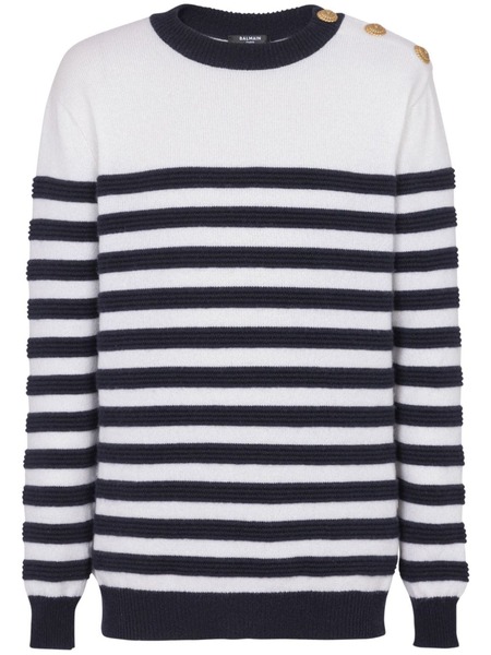  Balmain Button-detail Striped Cashmere Jumper - White 