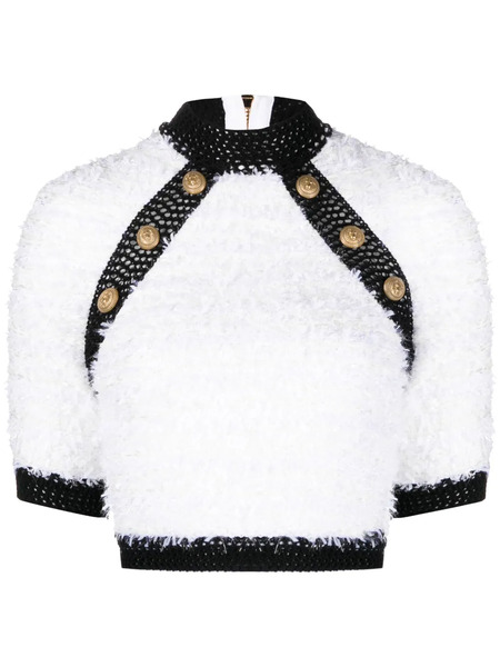  Balmain Button-embellished Tweed Crop Top - White 