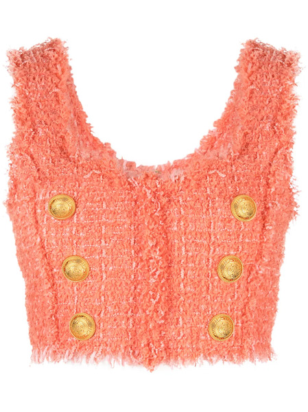  Balmain Buttoned Tweed Cropped Top - Orange 