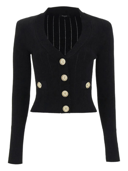 Balmain Crop Knit Gold-button Cardigan - Black 