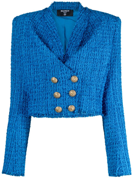 Balmain Double-breasted Cropped Tweed Jacket - Blue 