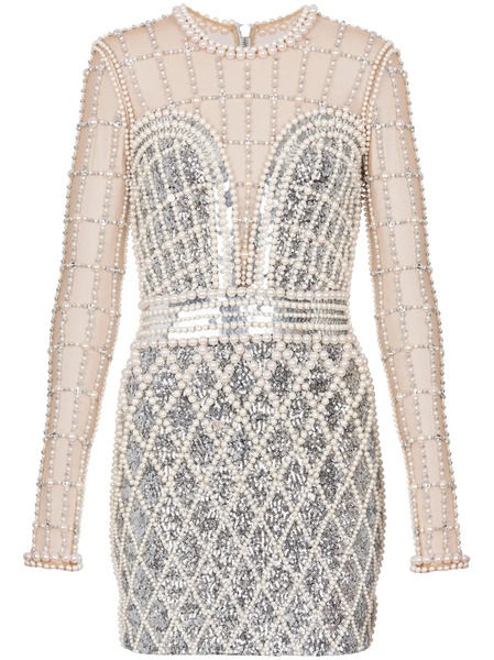  Balmain Embellished Beaded Minidress - Silver 