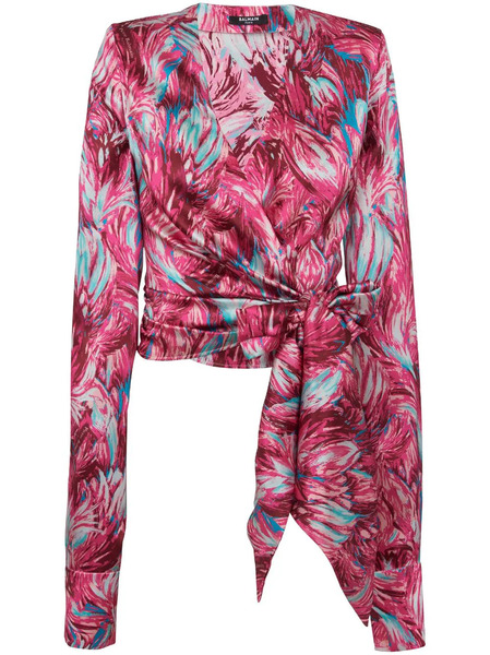 Balmain Feather-print Silk Blouse - Pink 