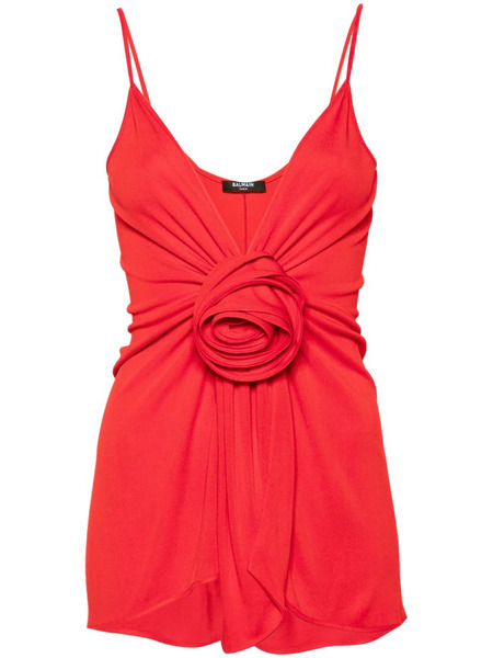  Balmain Floral-appliqué Plunge Tank Top - Red 
