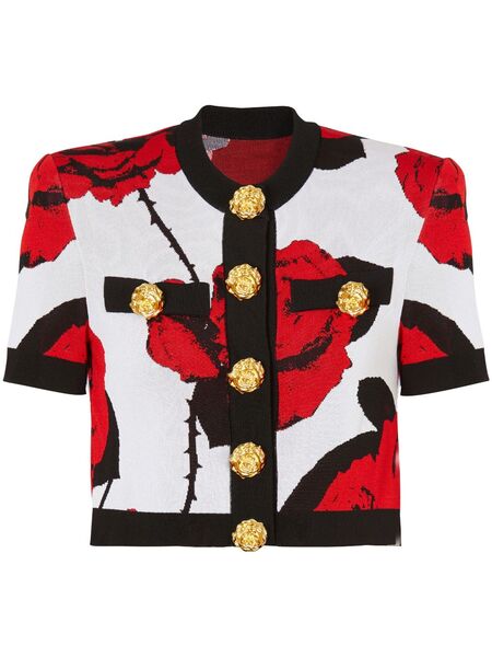  Balmain Floral-jacquard Cropped Cardigan - White 