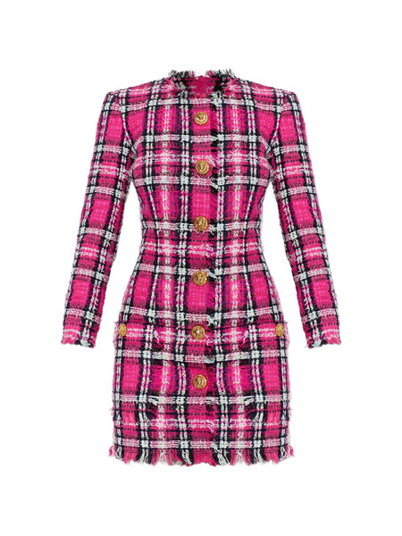  Balmain Frayed Button Plaid Dress - Pink 