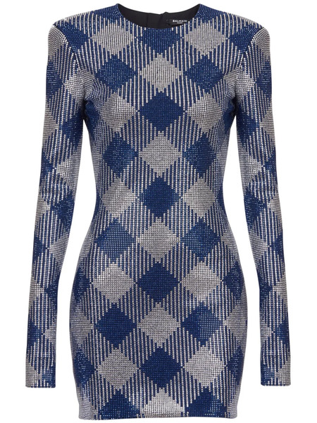 Balmain Gingham Rhinestone Mini Dress - Blue 