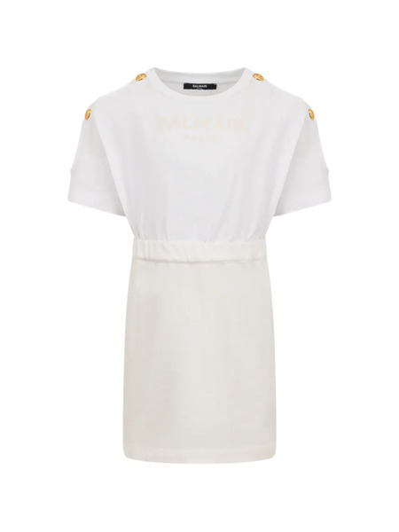  Balmain Kids Button-detail Short-sleeve Mini Dress - White 