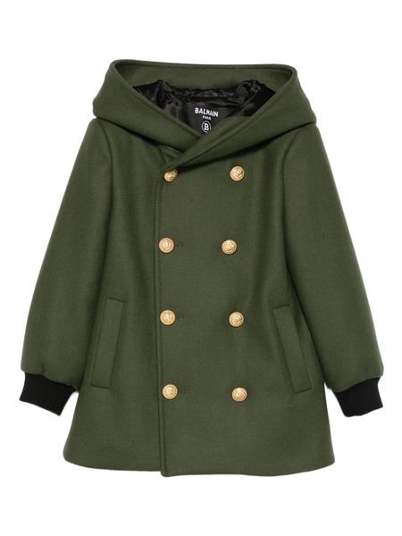 Balmain Kids Hooded Double-breasted Wool Coat - Green 