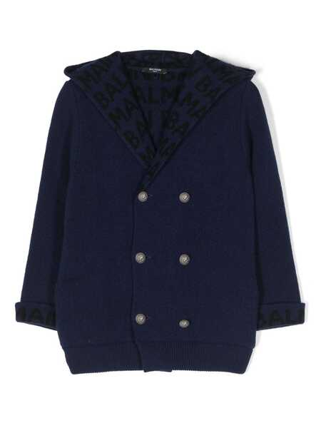  Balmain Kids Intarsia-knit Logo Double-breasted Cardigan - Blue 