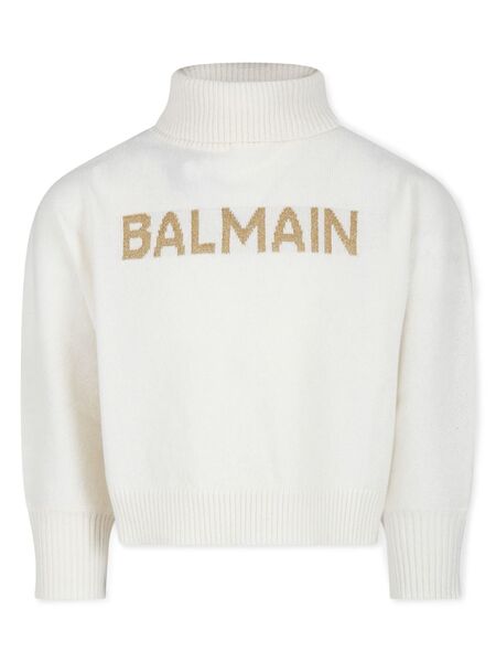  Balmain Kids Intarsia-knit Logo Sweater - White 