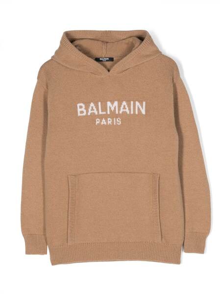  Balmain Kids Intarsia-knitted Logo Hoodie - Brown 