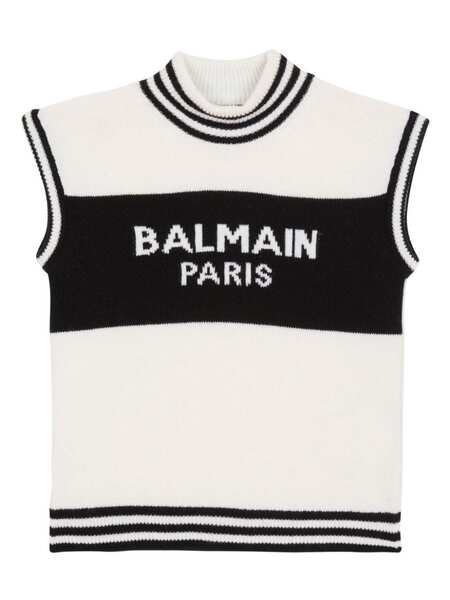  Balmain Kids Logo-intarsia Knitted Top - White 