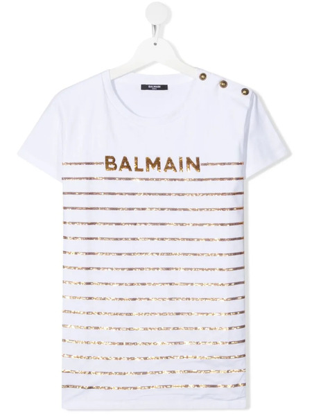  Balmain Kids Teen Logo Sequin-stripe T-shirt - White 