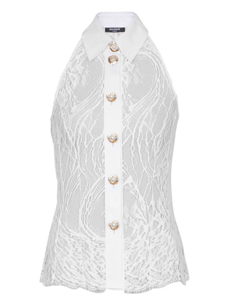  Balmain Lace Halterneck Buttoned Top - White 