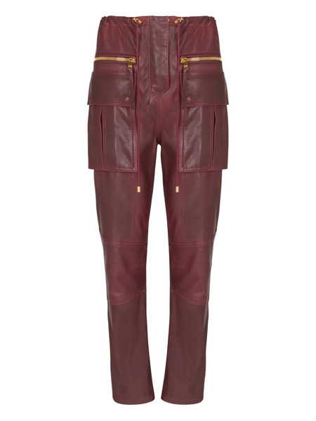  Balmain Lambskin Leather Cargo Straight Trousers - Red 