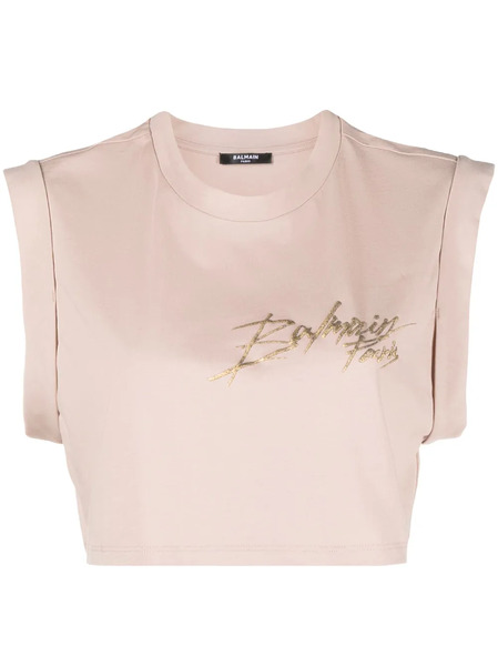  Balmain Logo-print Cotton Crop Top - Neutrals 
