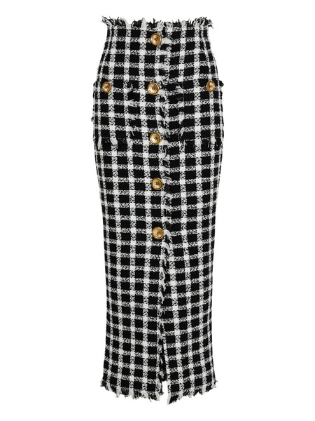  Balmain Long Gingham Tweed Skirt - Black 