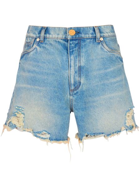  Balmain Mid-rise Frayed Denim Shorts - Blue 