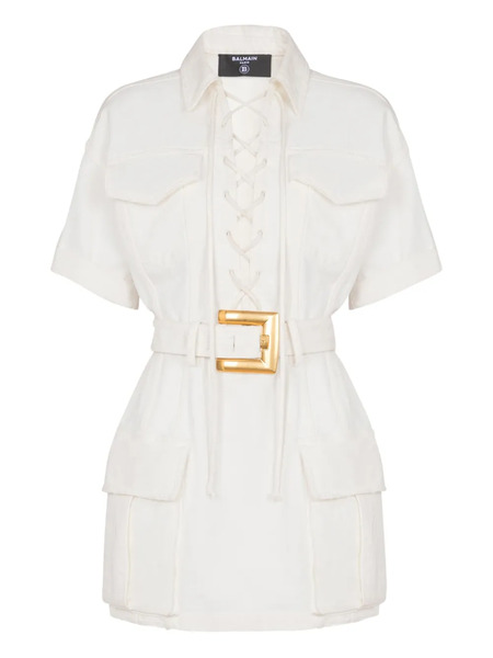  Balmain Mini Lace-up Canvas Dress - White 