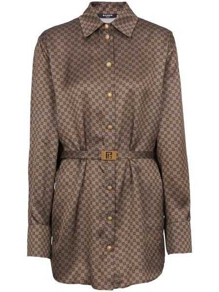  Balmain Mini Monogram-print Silk Shirt - Brown 