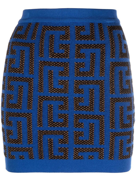  Balmain Monogram-pattern Miniskirt - Blue 