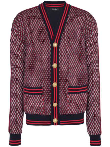  Balmain Monogram-print Checked Wool Cardigan - Red 