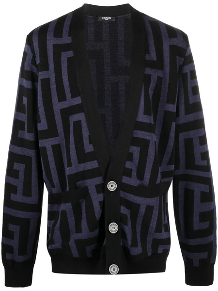  Balmain Monogram-print V-neck Cardigan - Blue 
