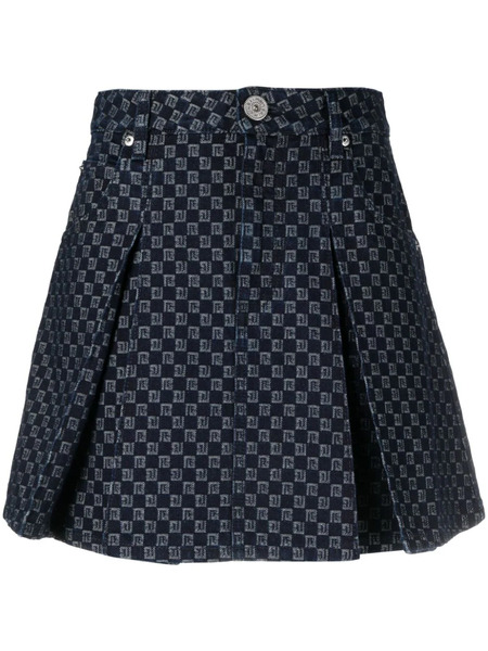  Balmain Pleated Monogram-jacquard Denim Miniskirt - Blue 
