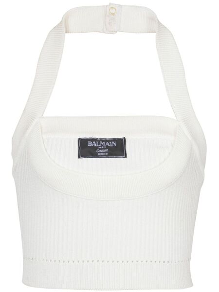  Balmain Ribbed Halterneck Top - White 