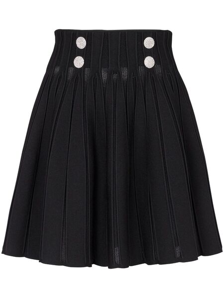  Balmain Ribbed-knit Pleated Skater Skirt - Black 