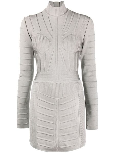  Balmain Ribbed Long-sleeve Mini Dress - Grey 