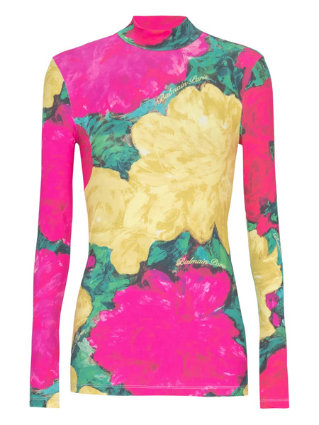  Balmain Rose-print Turtleneck Top - Pink 