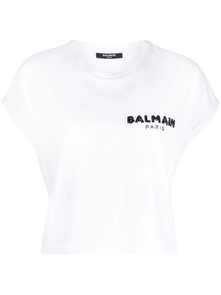  Balmain Sequin Logo Round Neck T-shirt - White 