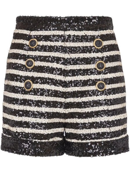  Balmain Stripe-print Rhinestone-embellished Shorts - Black 