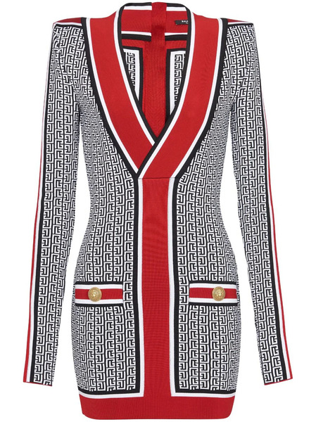  Balmain V-neck Monogram Knitted Minidress - Black 