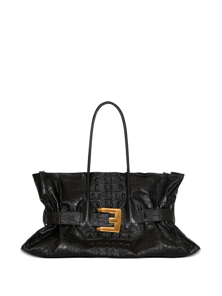  Balmain Xl Anthem Embossed-crocodile Buckle Tote Bag - Black 